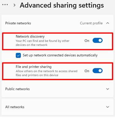 Advanced sharing settings for private networks