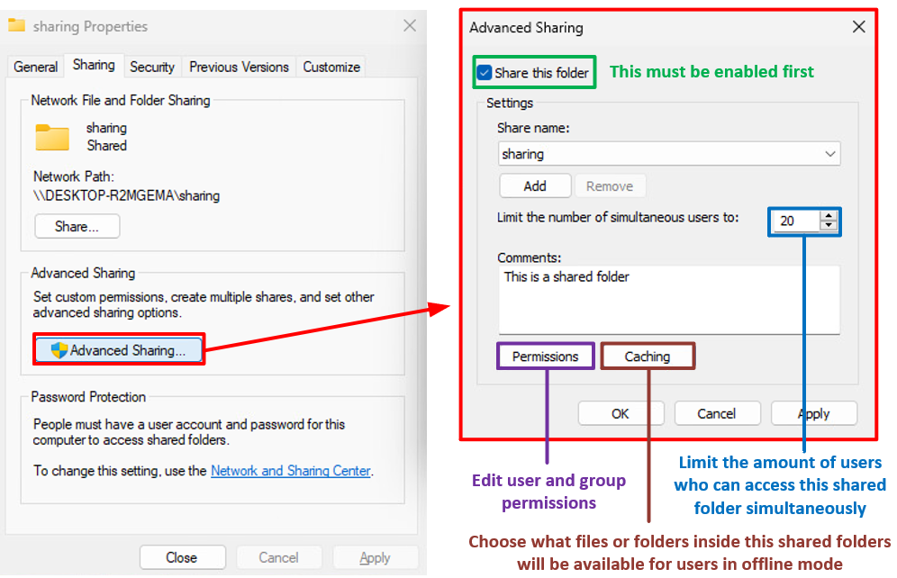 Advanced sharing settings for shared folder