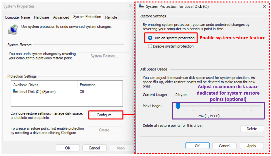 Enabling system restore feature