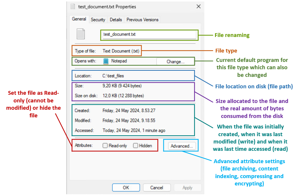 General tab in file properties