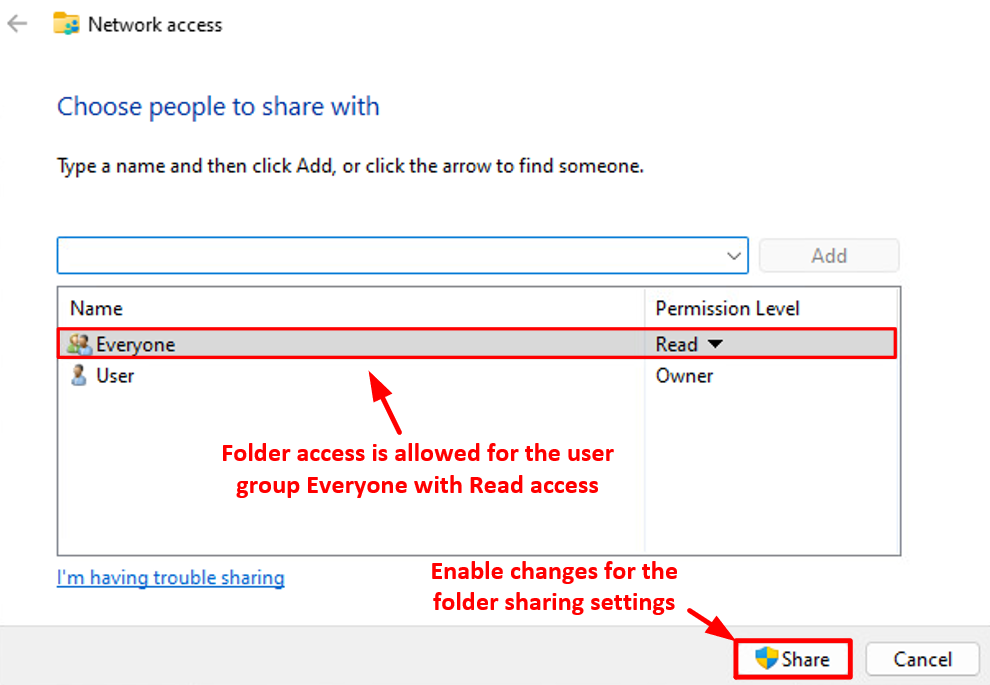 Modify folder sharing settings