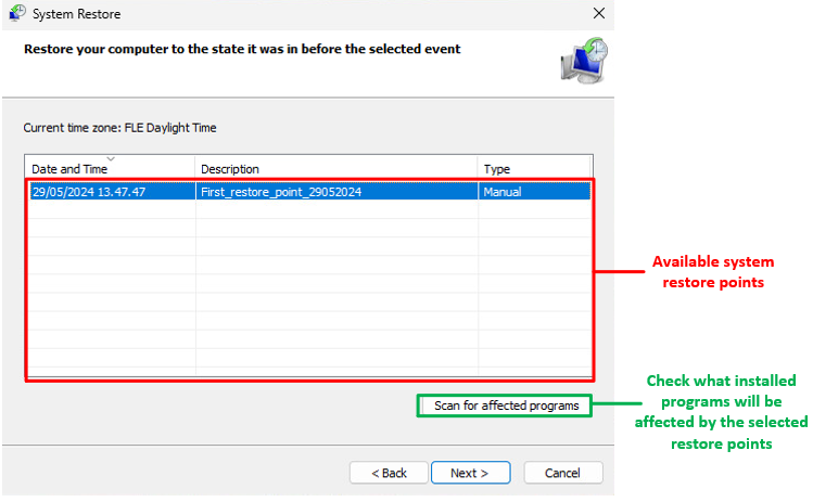 Restore system from system restore point