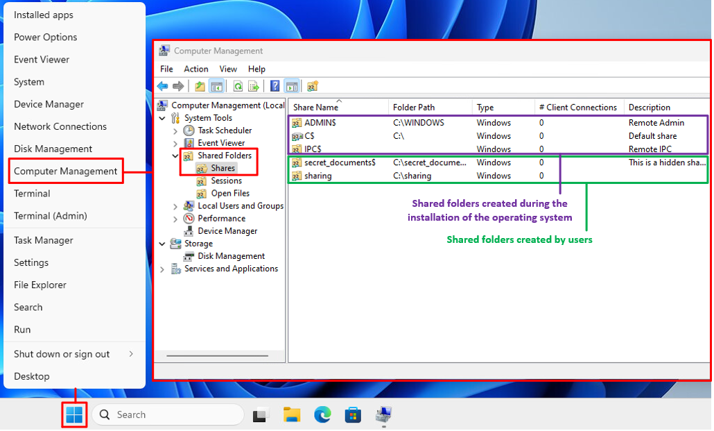 Shared folders through Computer Management tool