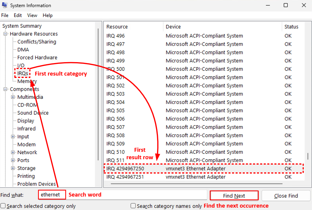 System information tool search feature