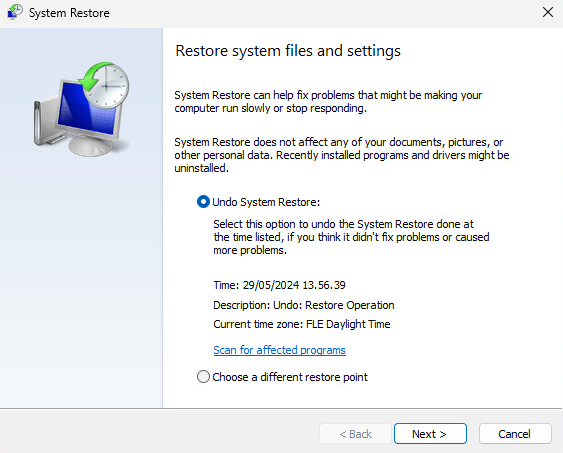 Undo option for the system restore