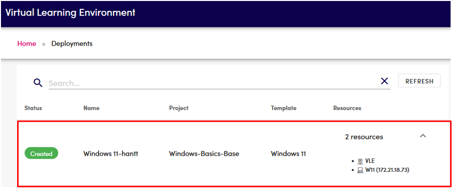 Deployed virtual machines in VLE