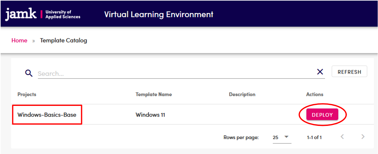 VLE template catalog page